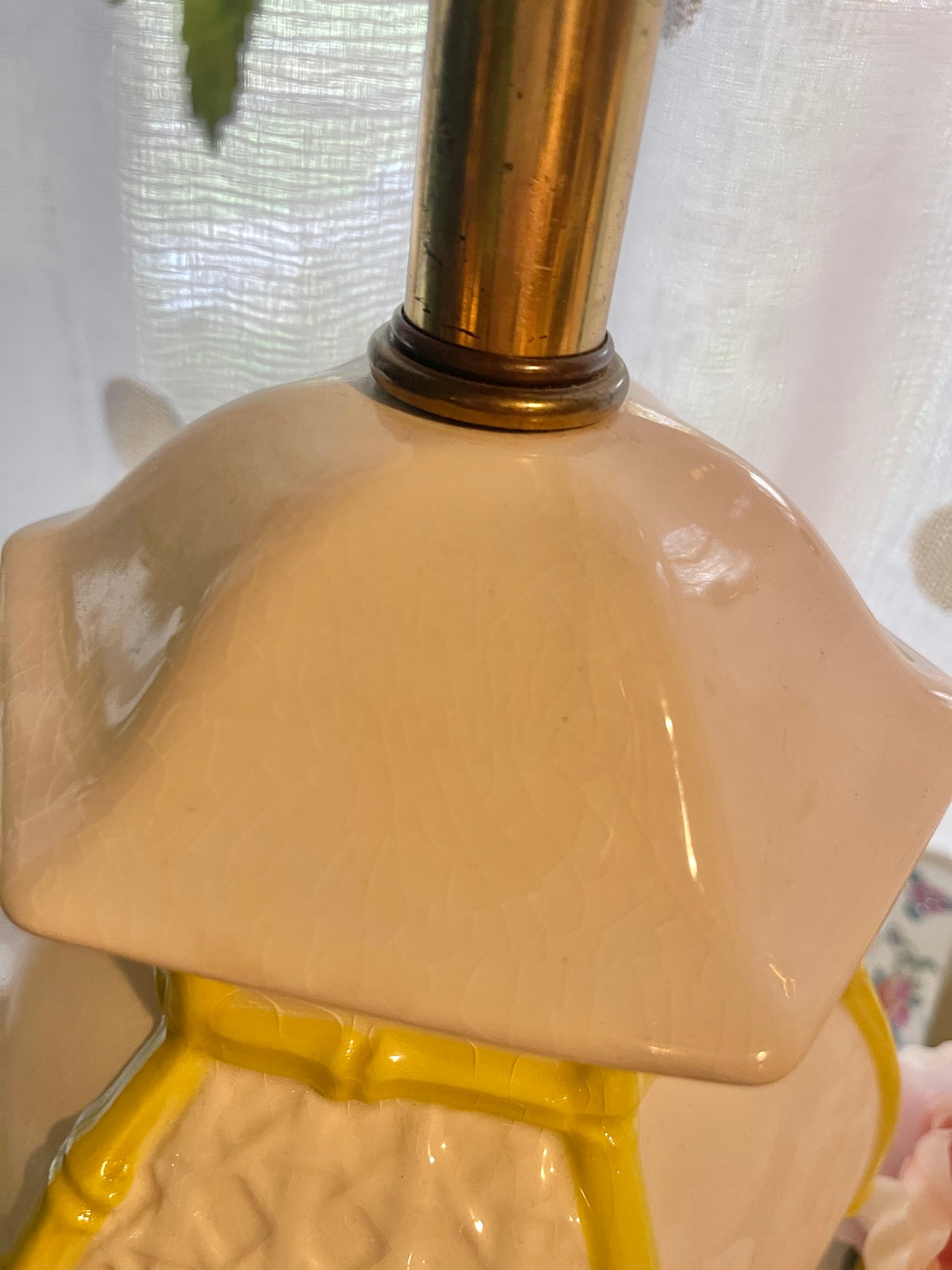 Vintage Frederick Copper Palm Beach Chic Chinoiserie Pagoda Bamboo Style Lamps, Yellow and White, Pair