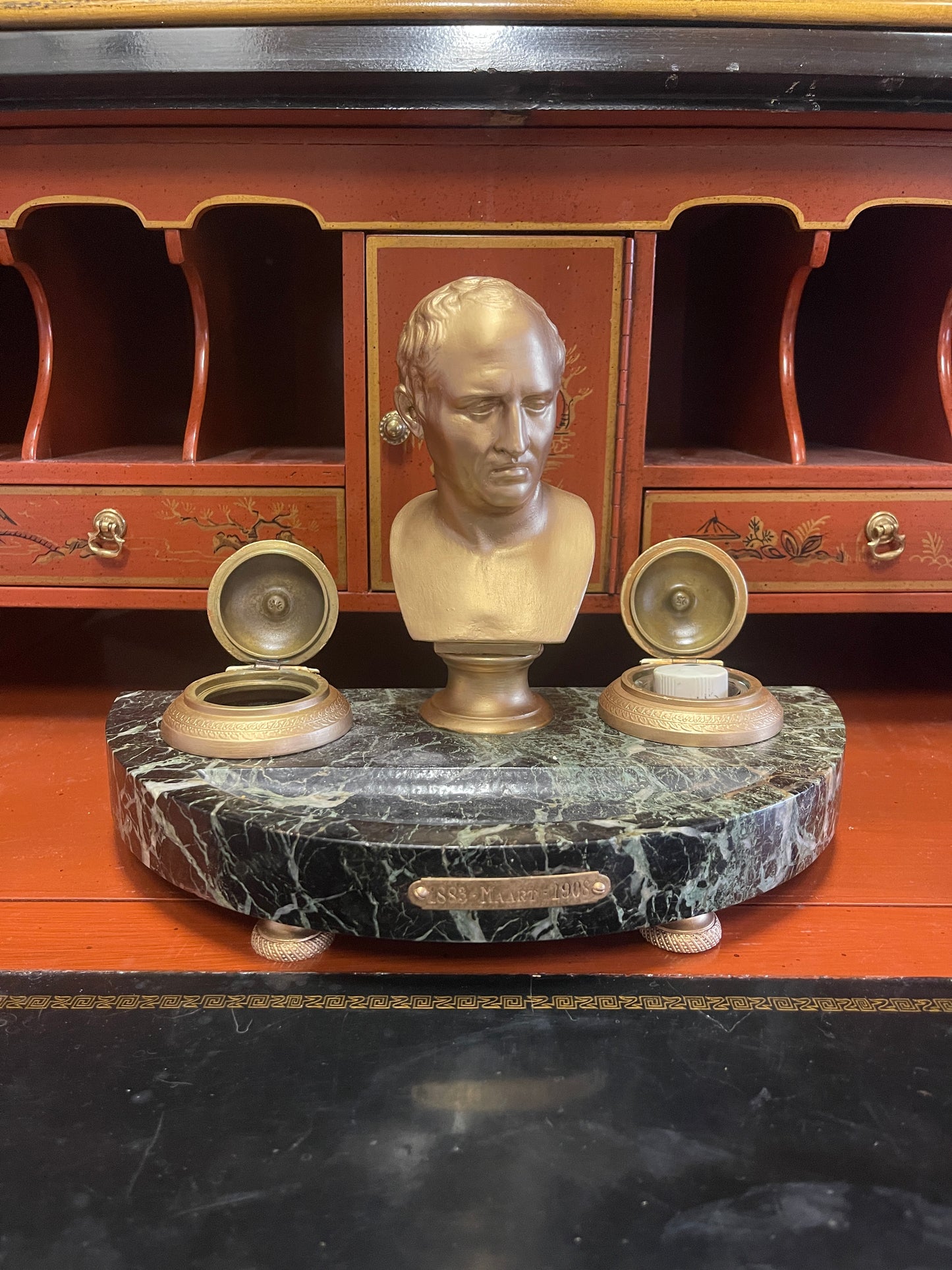 Antique Marble and Cast Metal Ink Well with Figural Emporer Napoleon Bonaparte Bust, FANTASTIC!