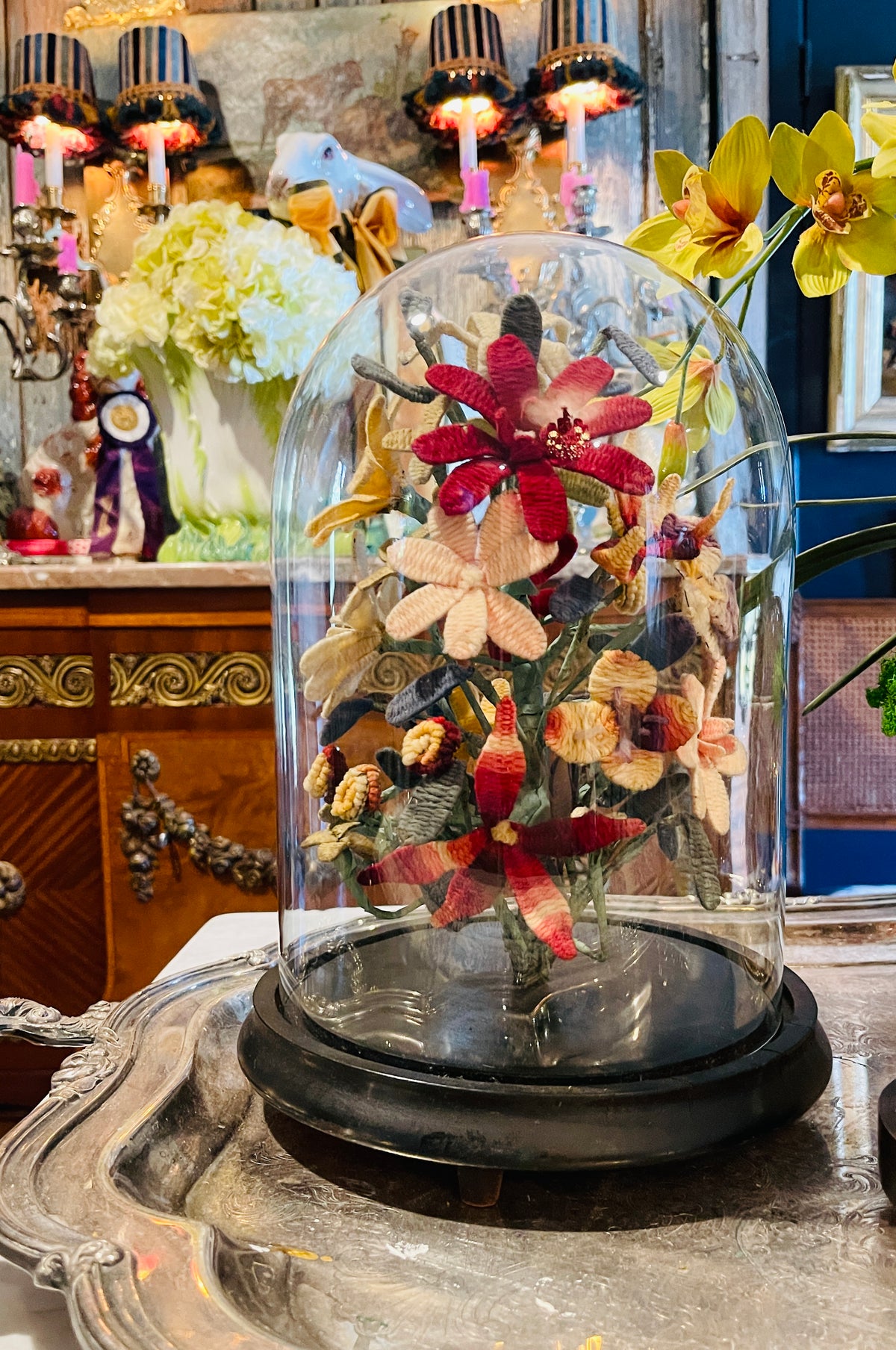 Antique Victorian Needlework Floral Bouquet Under Glass Cloche