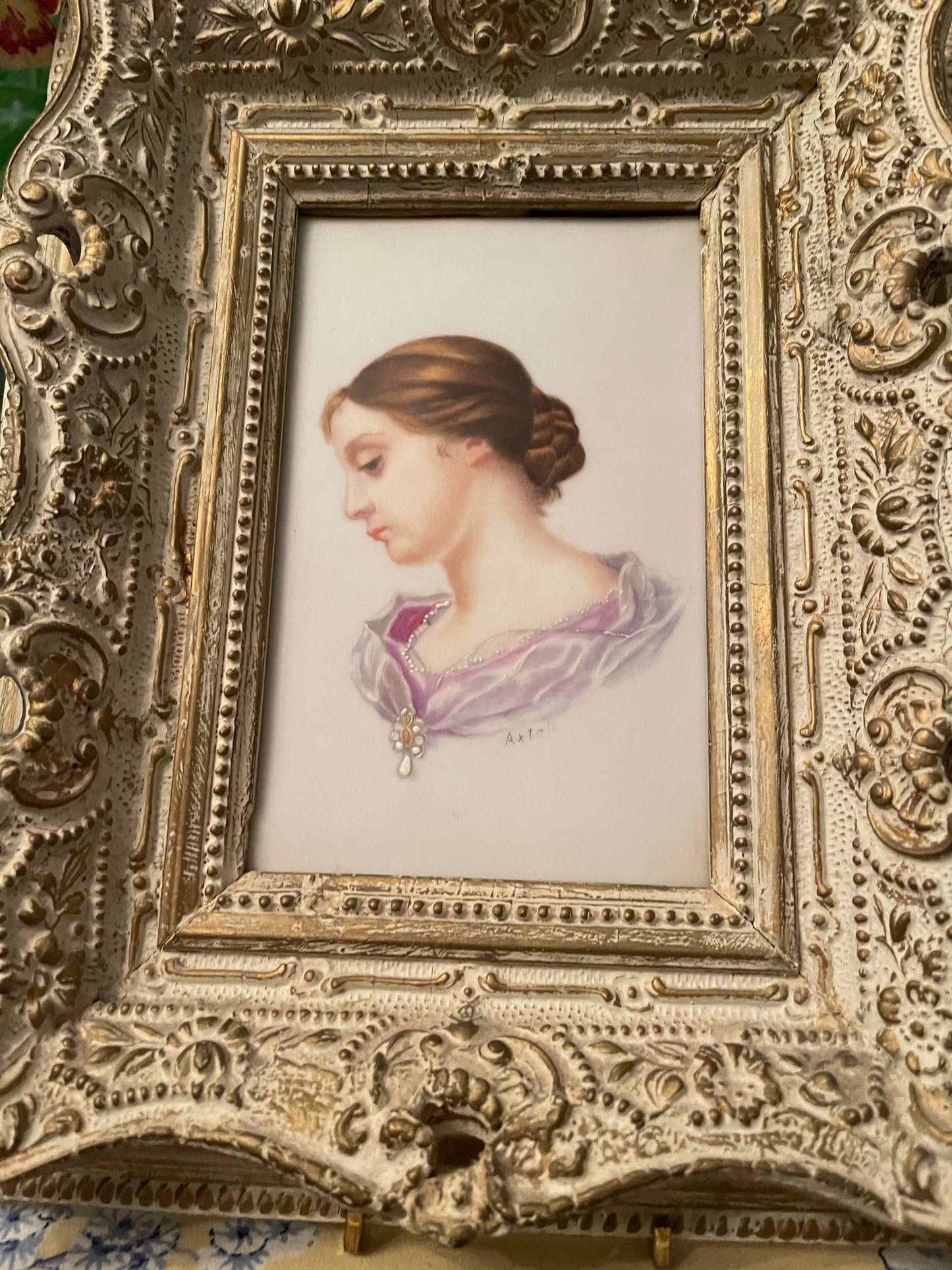 Antique Hand Painted Porcelain Plate Portrait with Relief Paint Work