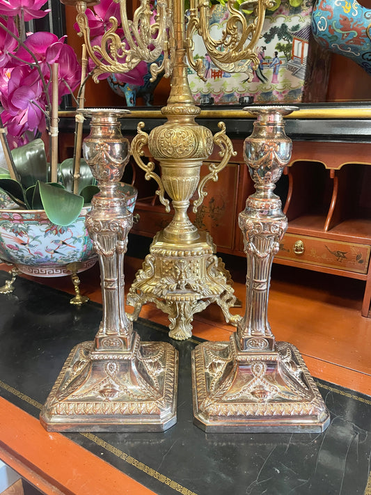 Antique Walker and Hall Sheffield Neoclassical Empire Silverplate Candlesticks, Perfectly Patinaed Copper