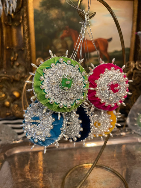 Set of 5 Multi Colored Velvet, Pearl, and Silver Push Pin Christmas Ornaments-Pink, Navy, Gold, Green, and Turquoisey Blue with Silver and Pearl, TWO SETS AVAILABLE