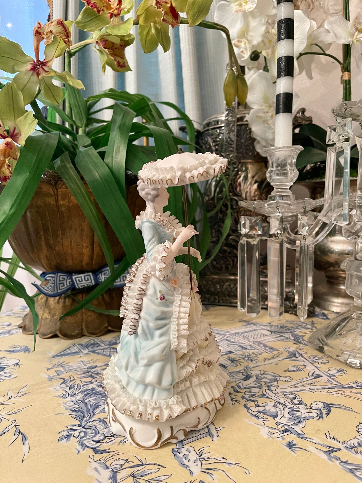 Victorian Statuette with Parasol, French Blue and White Dresden Style Lace Dress with Applied Porcelain Flowers