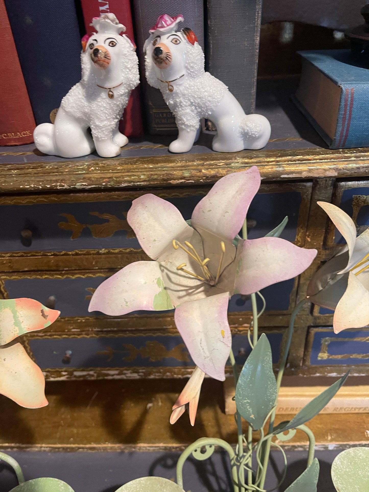 Vintage Tole Pink and Green Lily Candle Sconces, Pair, Chippy Paint, Cottage Chic