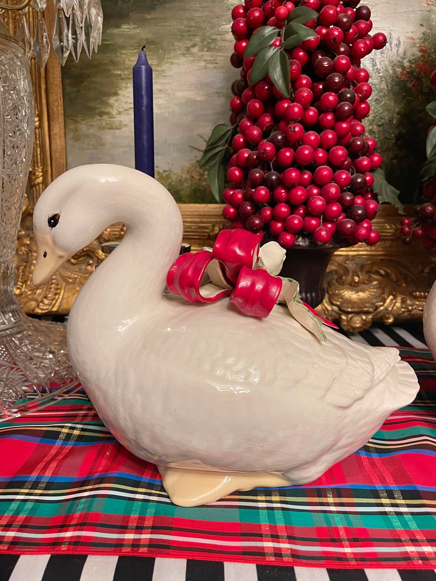 Vintage Christmas Geese with White Flowers and Red Bows, Hand Painted