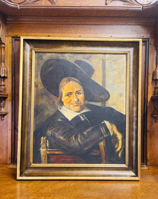Antique 1847 Oil Painting in the Style of Frans Hals, Portrait of Man Sitting, Wearing Floppy Hat,