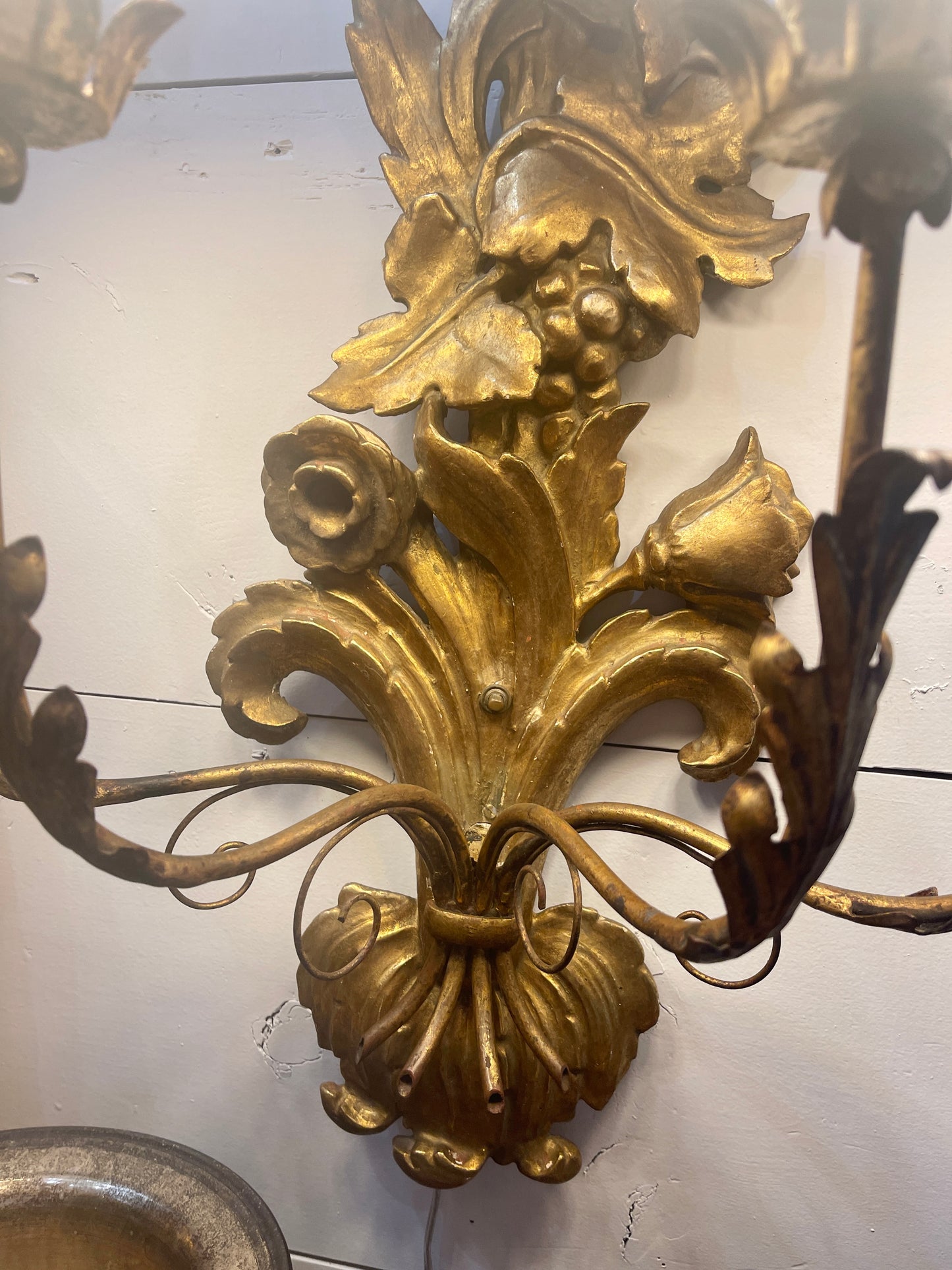 Italian Gilt Wood Wall Sconce, Carved Flowers with Bow, Four Light, Wired