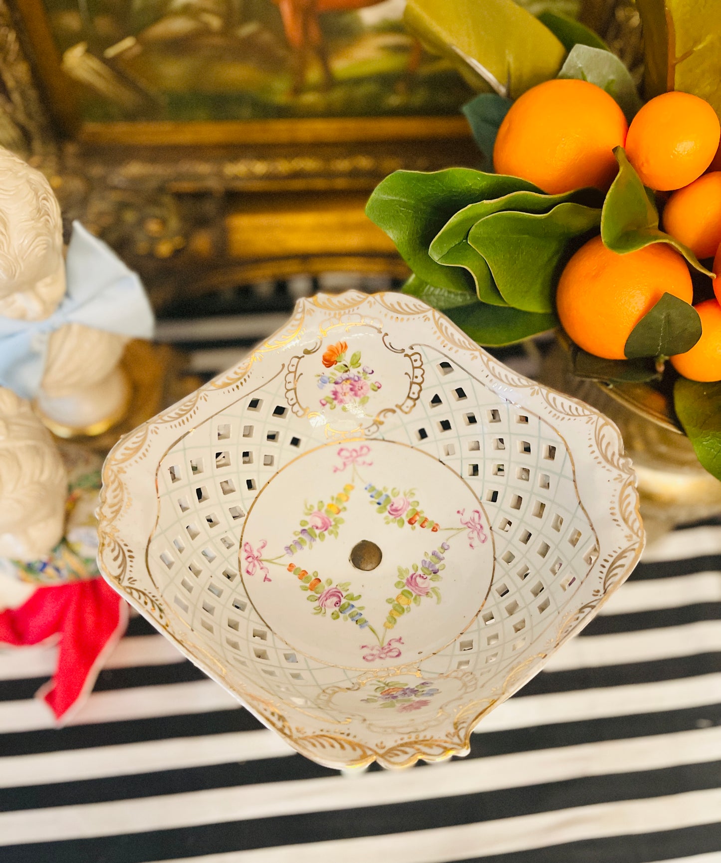 Antique Dresden Footed Reticulated Baroque Compote, Hand Painted Pink Bows and Applied Flowers