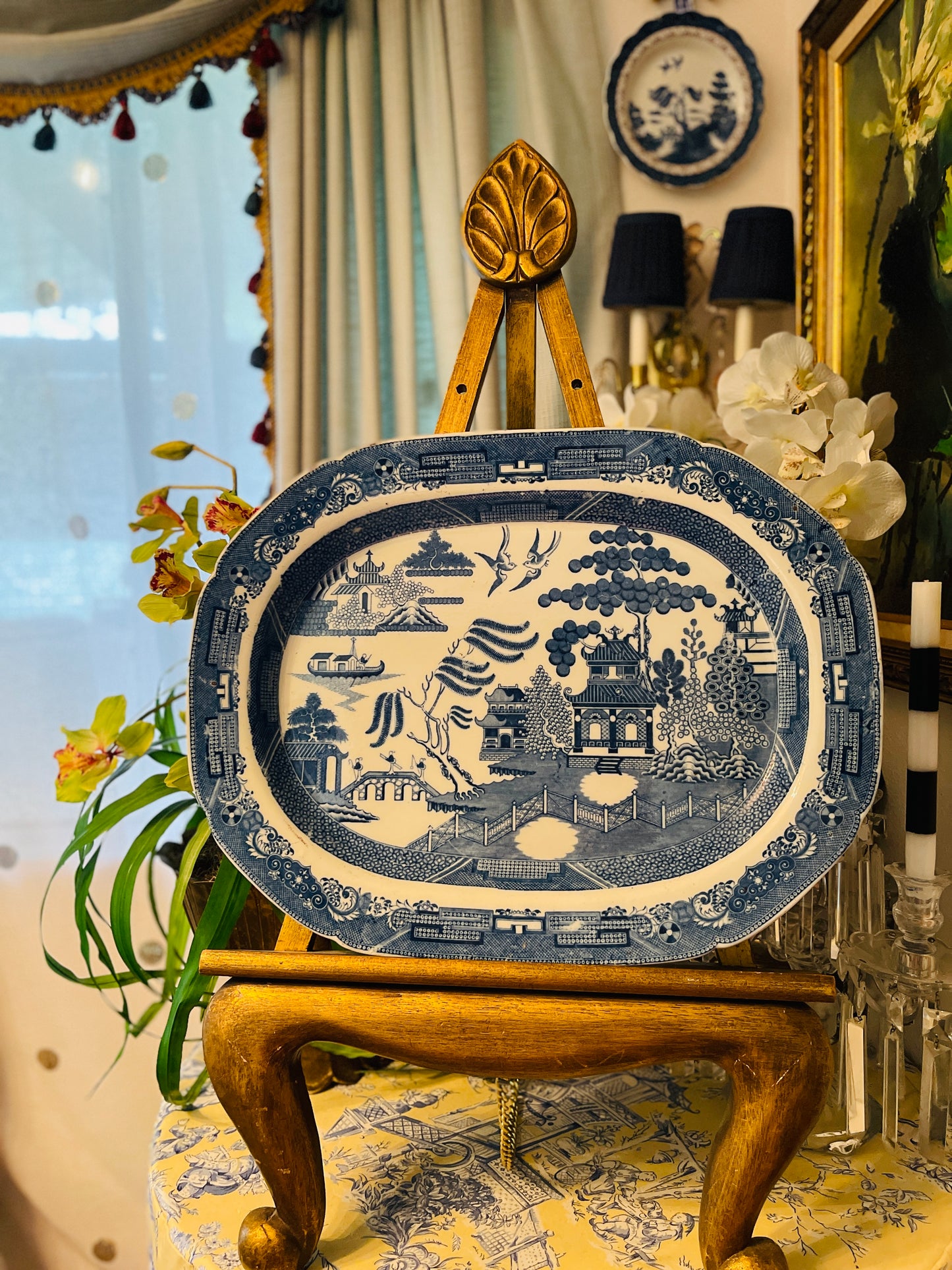 Antique English Blue Willow Platter – 20” Deep Cobalt Transferware Dish | Vintage Octagonal Serving Plate | Willow Pattern China