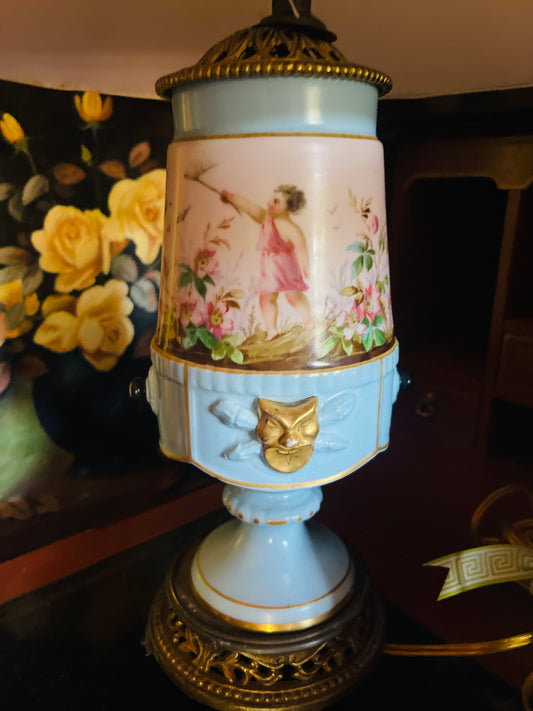 Antique French Sevres Style Porcelain Lamp – Hand-Painted Romantic Scene & Gilt Accents