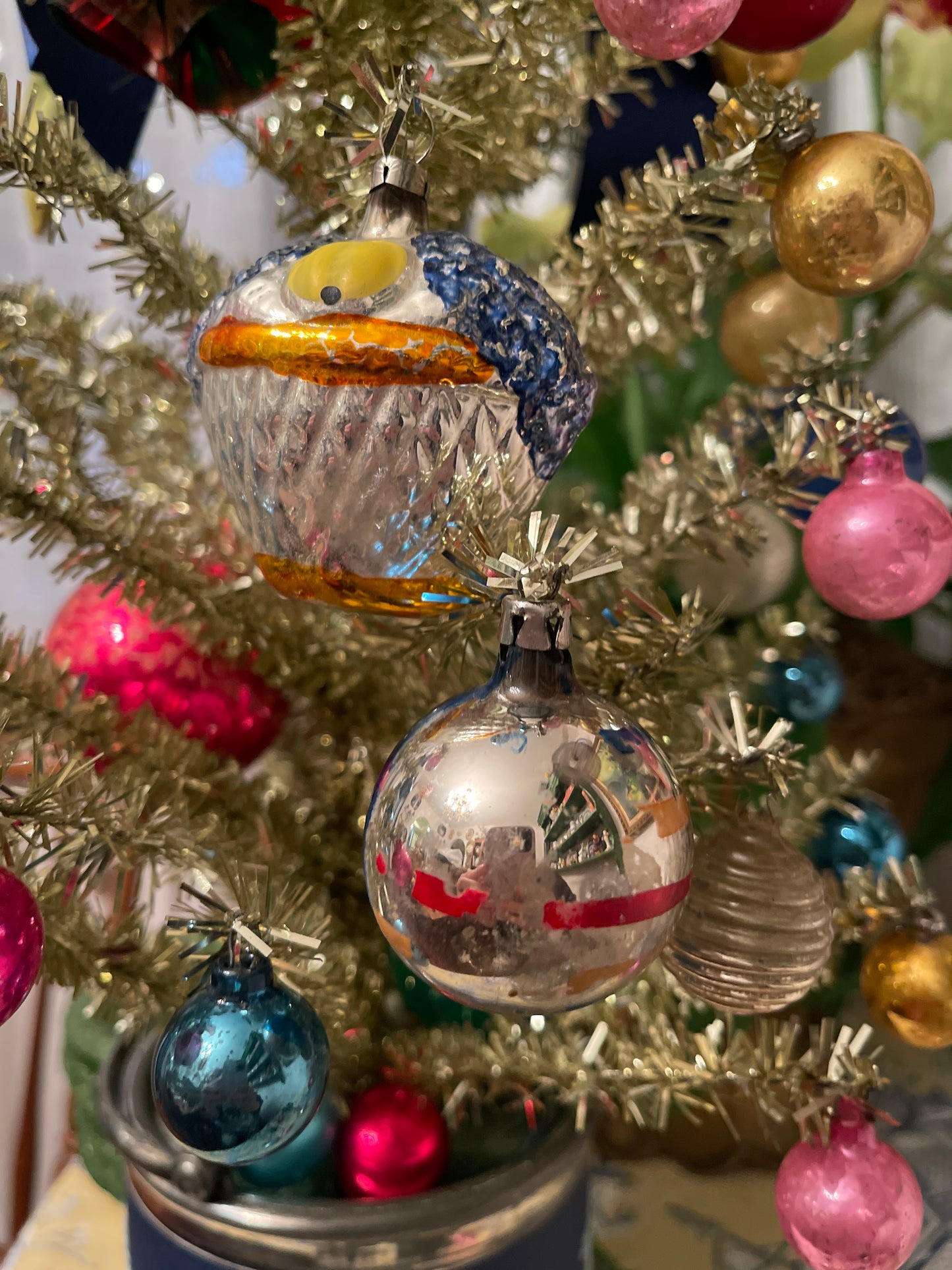 Curated Pair of Vintage Blown Glass Ornaments Basket of Fruit and Indent