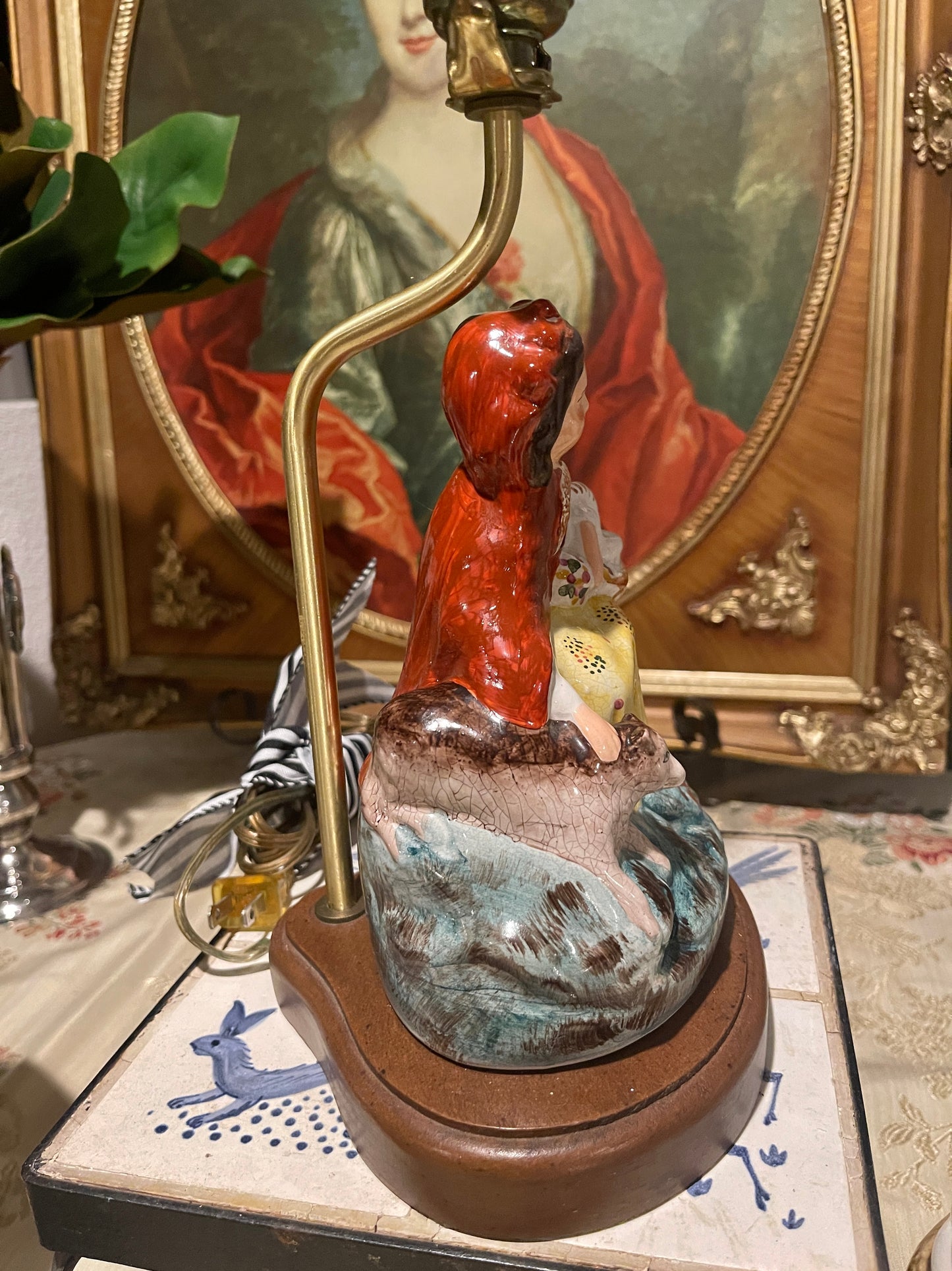 Red Riding Hood Staffordshire Lamp, Vintage English Decor