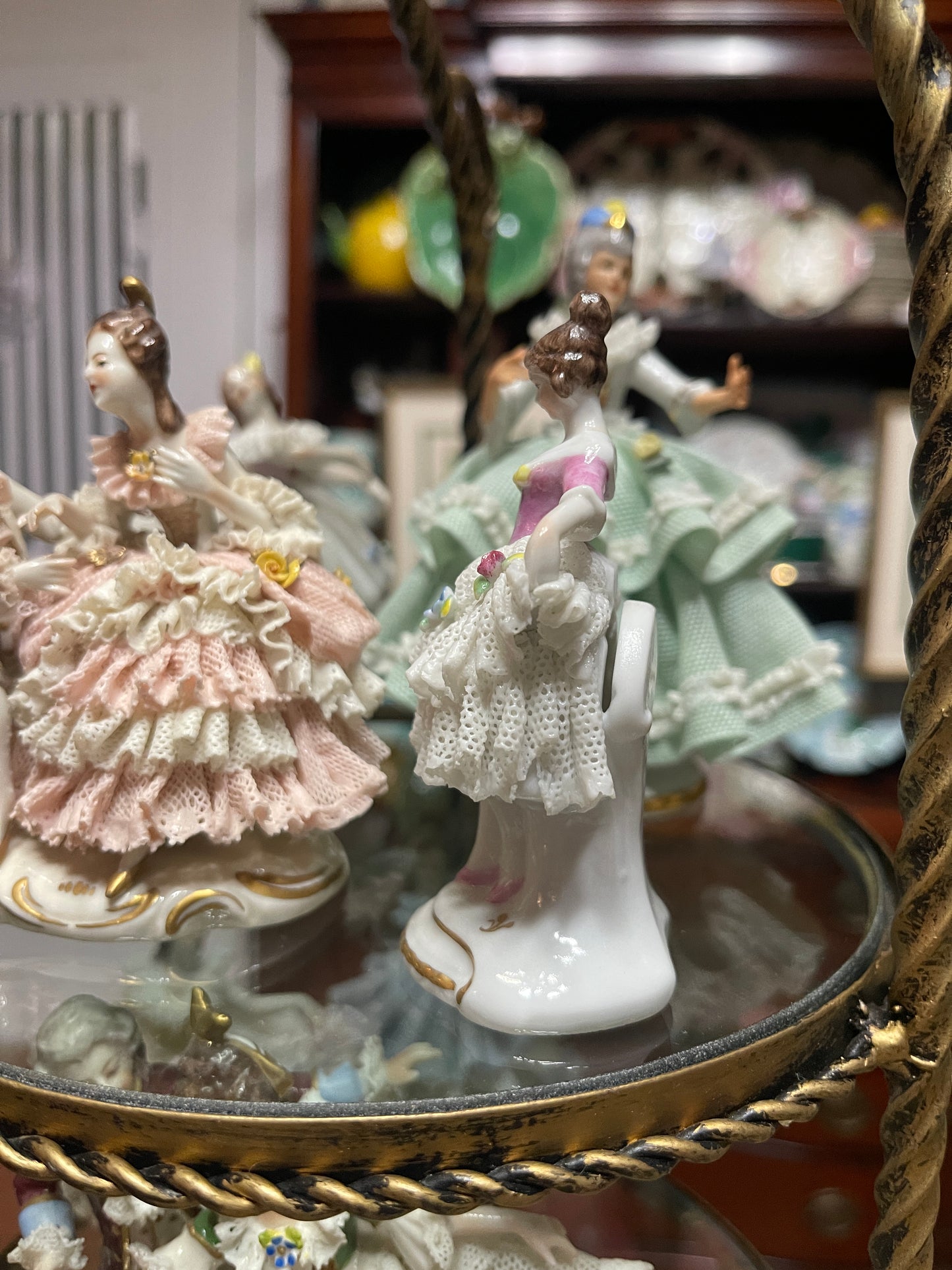 Pretty Vintage German Porcelain Dresden-Style Dancer Figurine | Lace Detail |Pink Top | Applied Flowers