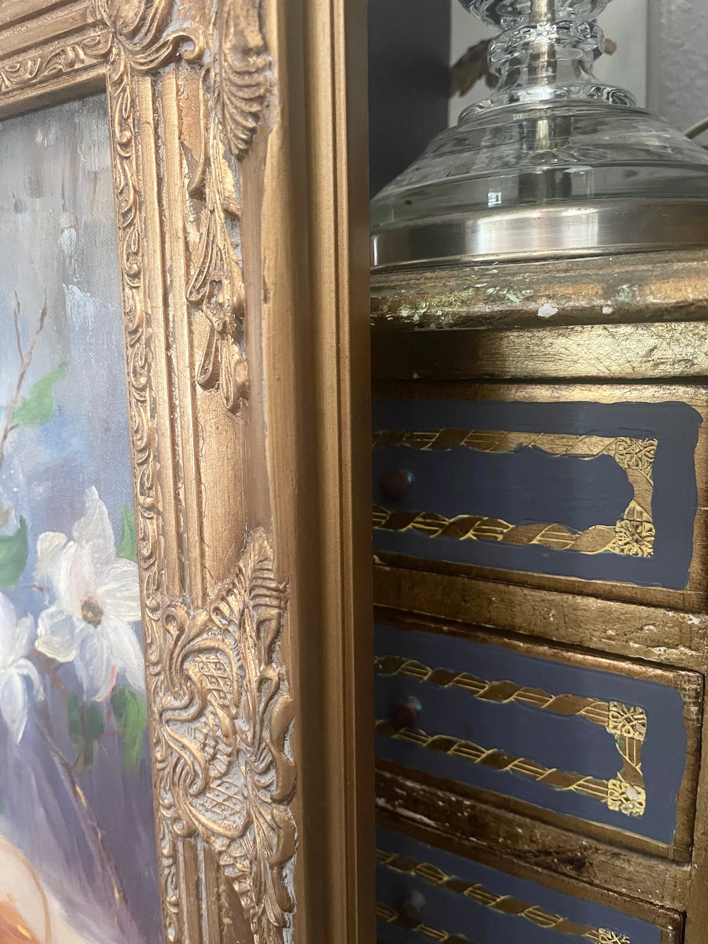 Vintage Chinoiserie Painting with Vased Flowers and Chinese Statuette, Ornate Gold Frame, Estate Art