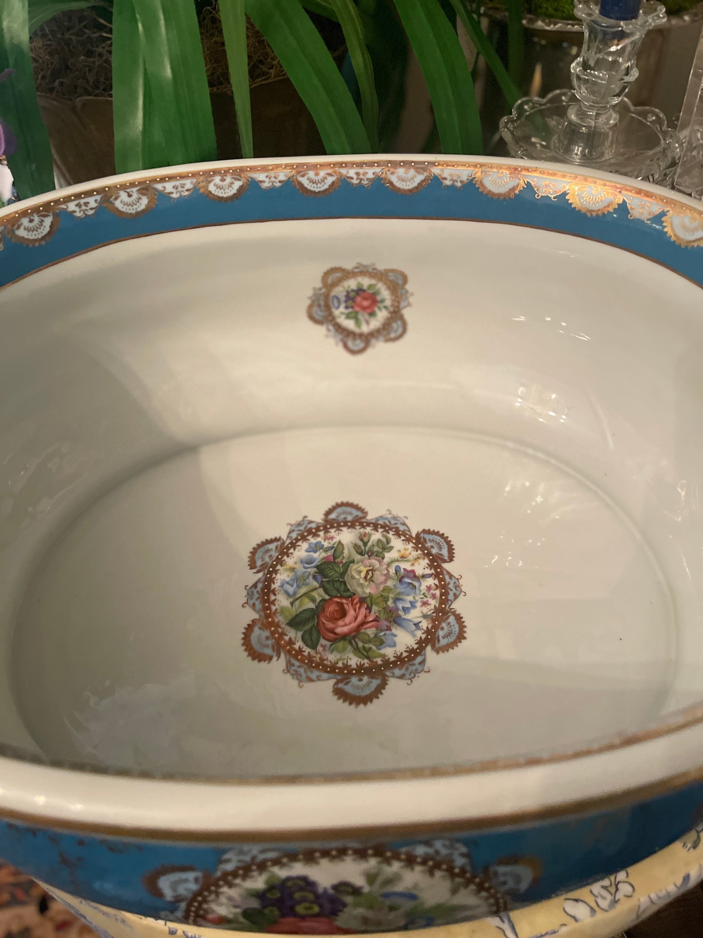 XLarge Porcelain Foot Bath, vibrant blue and white with multi-colored floral medallions and gold accents,