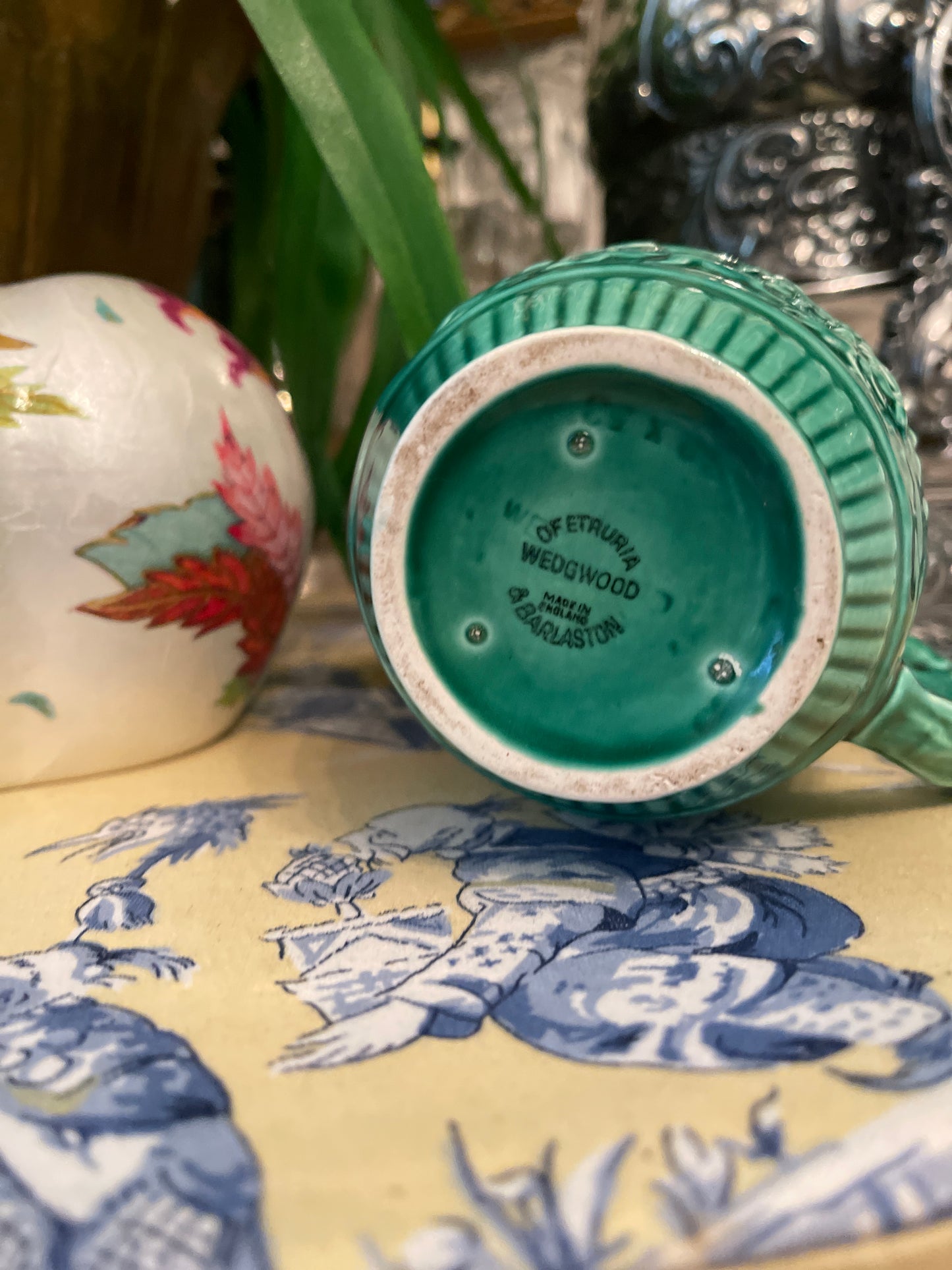 Majolica Wedgwood of Etruria & Barlaston Pitcher/Creamer, Made in England, Vintage, Green Equestrian