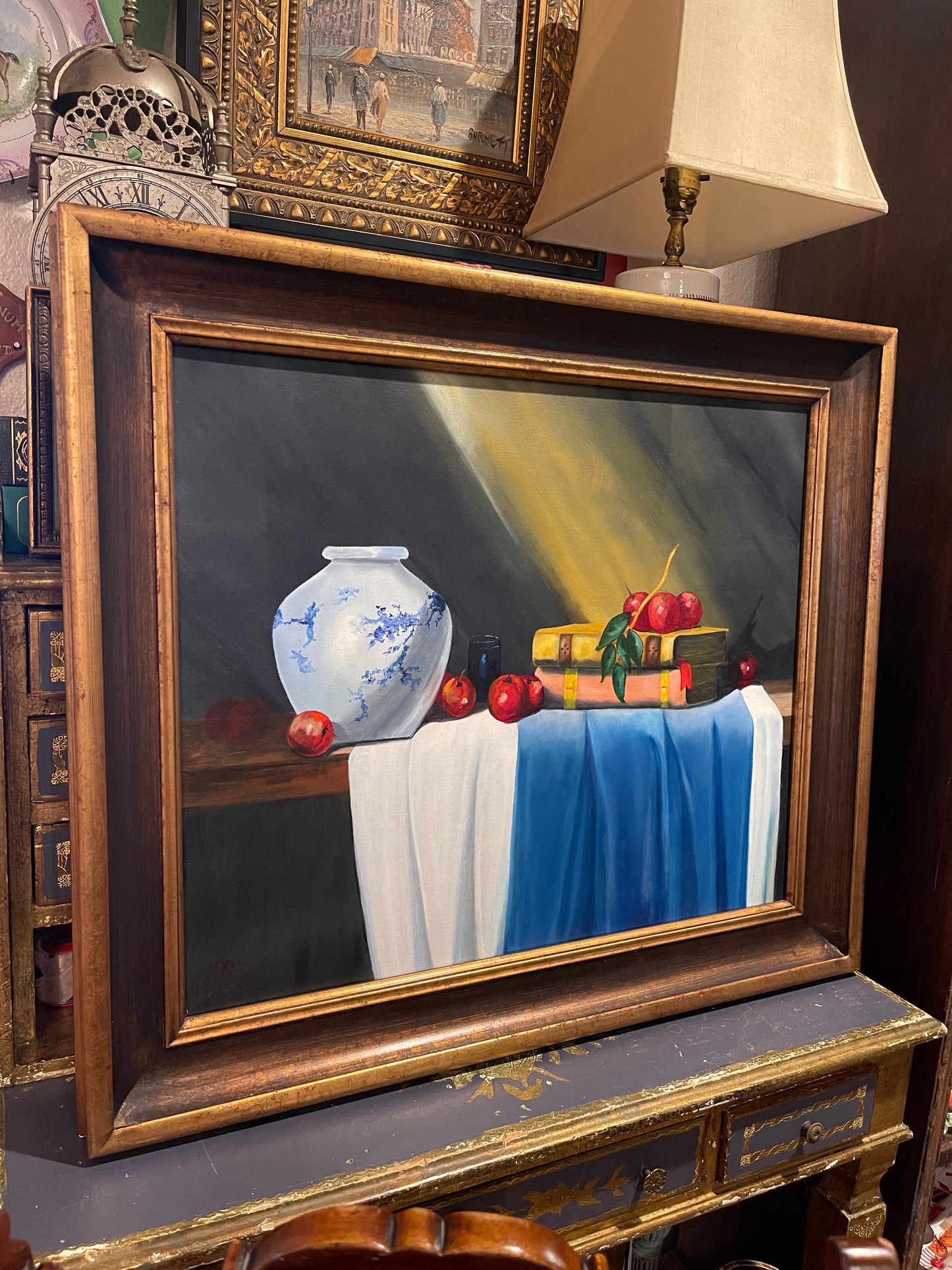 Blue and White Chinoiserie Vase with Books and Fruit Original Painting, Estate Art