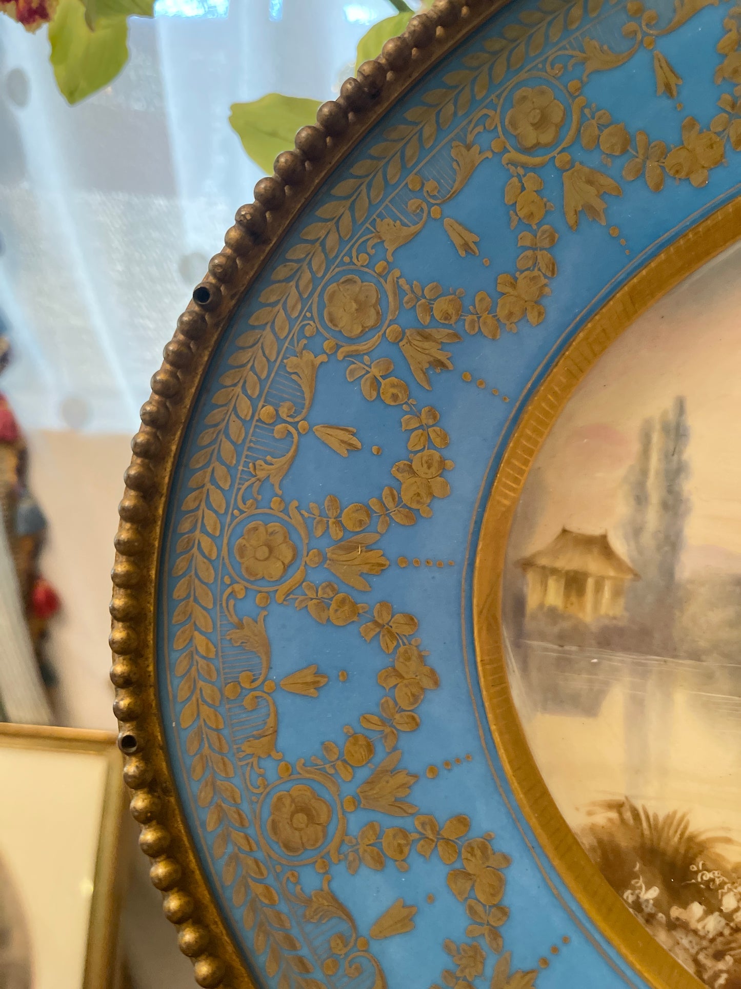 XLARGE French Porcelain Sevres Style Tray with Gilded Tole Trim, Pastoral Courting Scene in the style of Boucher