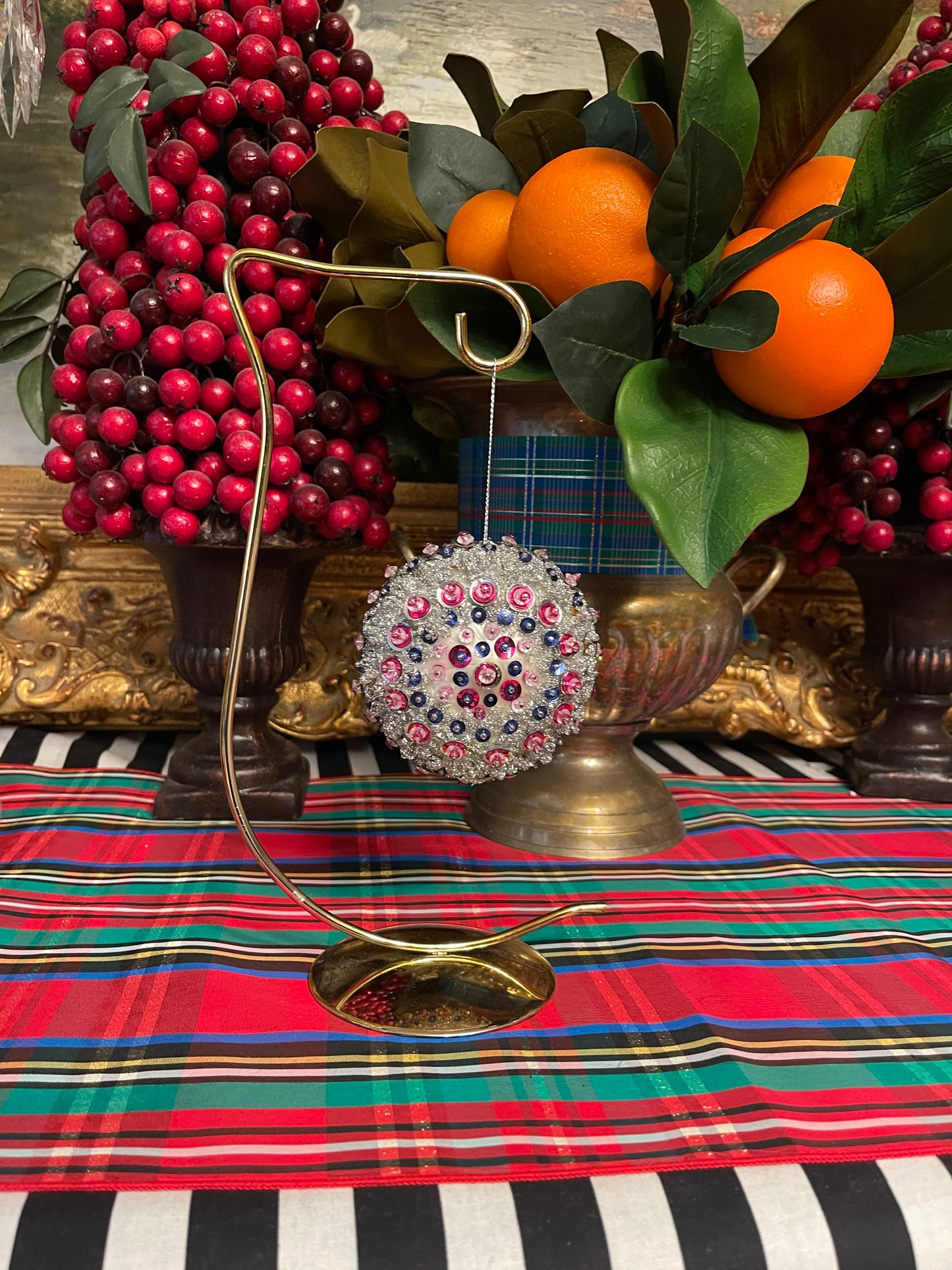 Vintage Push Pin and Satin String Ornament with Pink, and Blue Sequins and Silver Beads