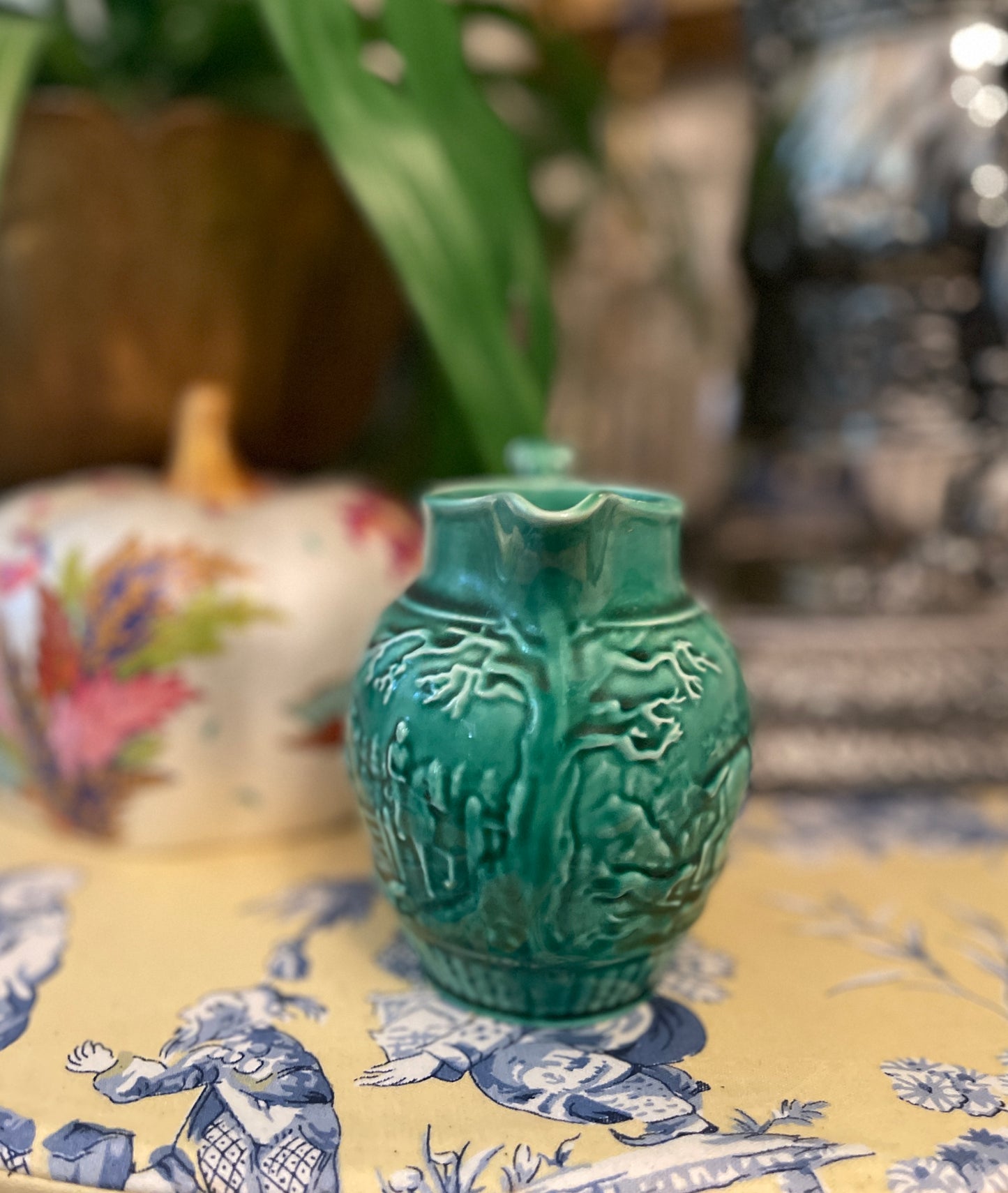 Majolica Wedgwood of Etruria & Barlaston Pitcher/Creamer, Made in England, Vintage, Green Equestrian