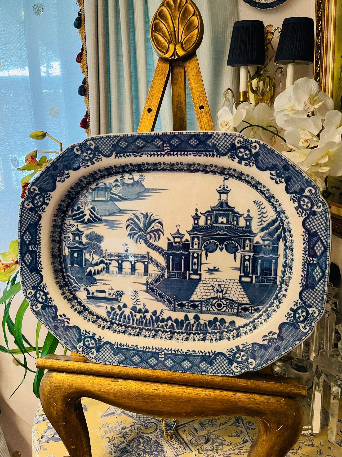 Antique English Chinoiserie Platter – 20” Date Palm & Royal Barge Blue Transferware | Early 1800s Orientalist Pattern Serving Dish