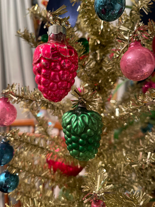 Vintage Pink and Green Blown Glass Grape Cluster Ornament Pair