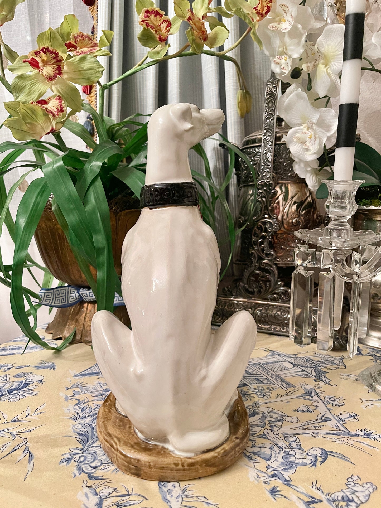 Vintage Whippet Statue with Tasseled Collar, Majolica Style, Hand Painted
