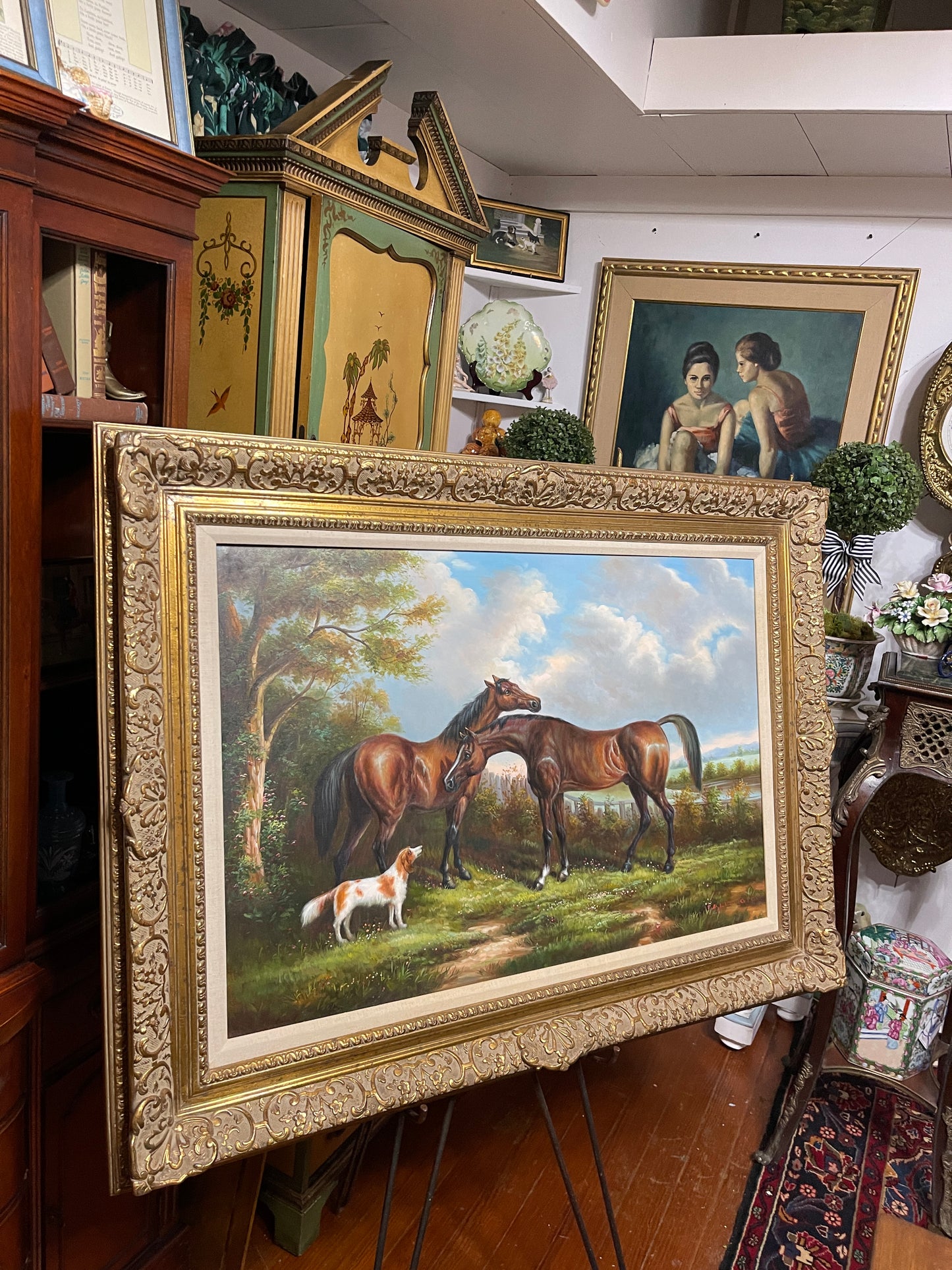 Monumental Vintage Equestrian Oil Painting – Two Horses & Foxhound in Ornate Gilt Frame, Estate Art