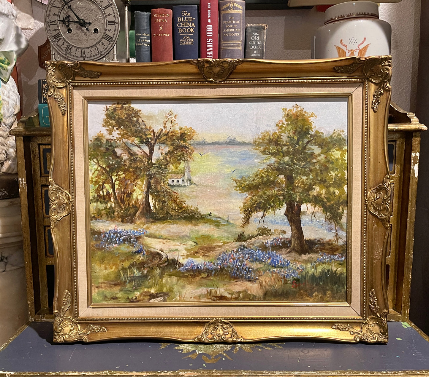 White Country Church in a field of Bluebonnets, Vintage Painting, Gold Frame