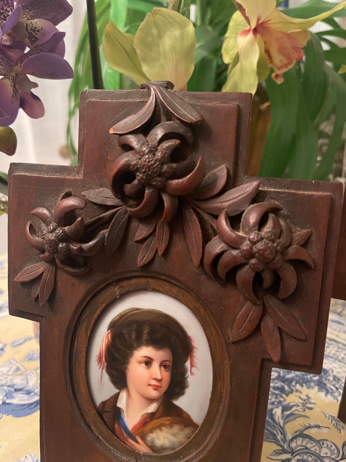 Pair of Antique Porcelain Portraits, Ornate German Black Forest Wood Frame, Black Forest Wood Carved Frame German Antique