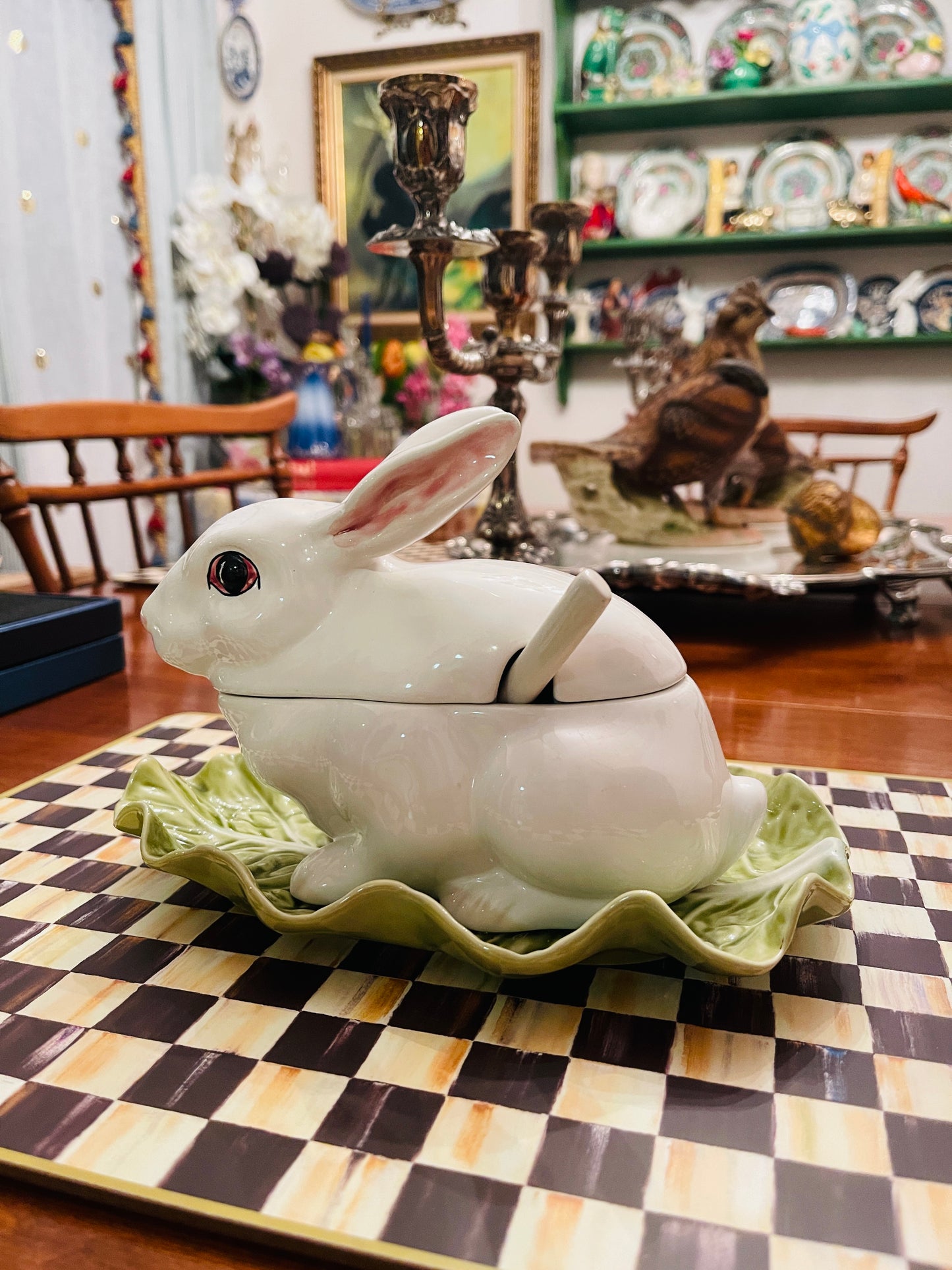 Vintage Bordallo Pinheiro Rabbit Saucier Dish on Cabbage Leaf Under Plate with Ladle