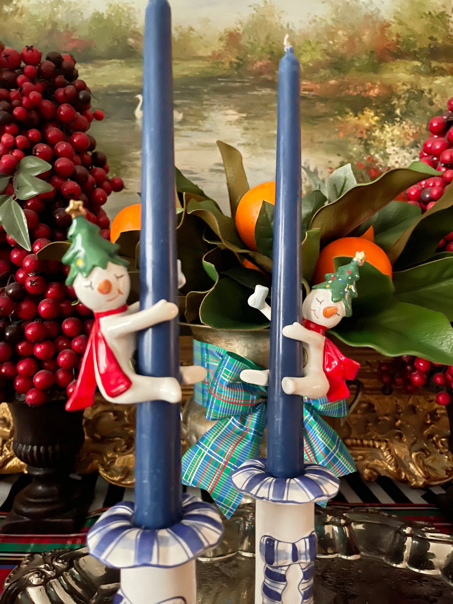 Mid Century 1958 Holt Howard Snowman Candle Hugger Pair, Made in Japan Hand Painted Porcelain, Holiday Estate Decor