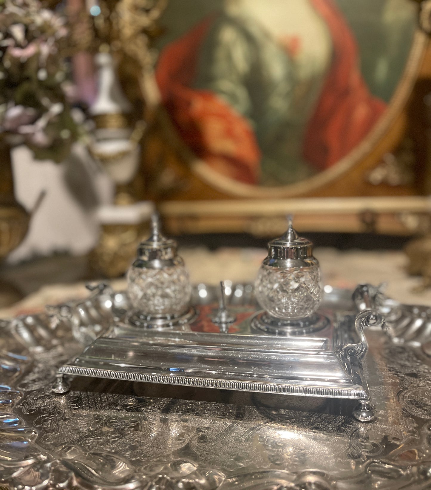 Classic Silver Plate and Cut Crystal Ink Well, Estate Decor
