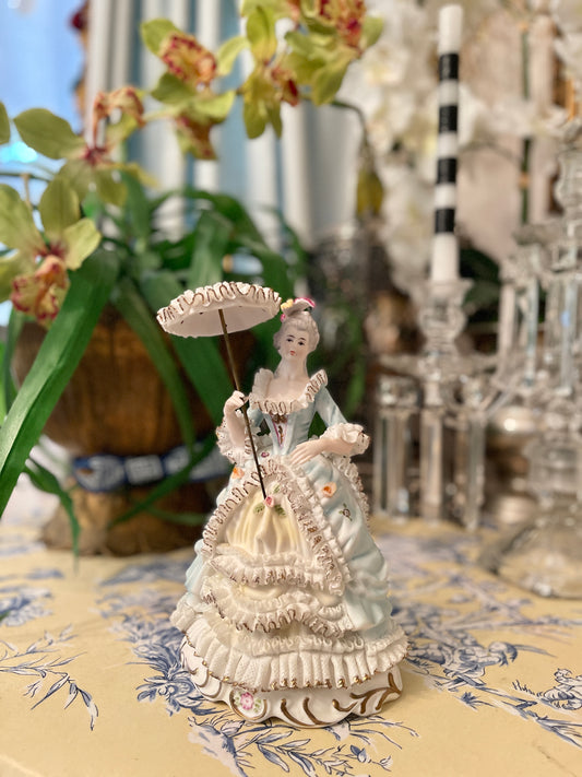 Victorian Statuette with Parasol, French Blue and White  Dresden Style Lace  Dress with Applied Porcelain  Flowers