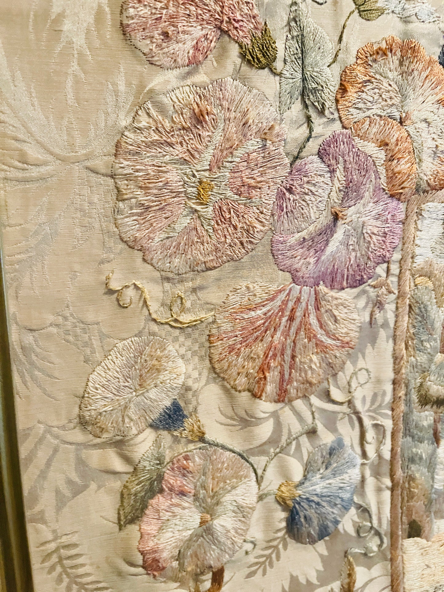 Antique Silk Embroidery in Ornate Gilded Frame – Pastoral Scene with Floral Damask | French Needlework Wall Art