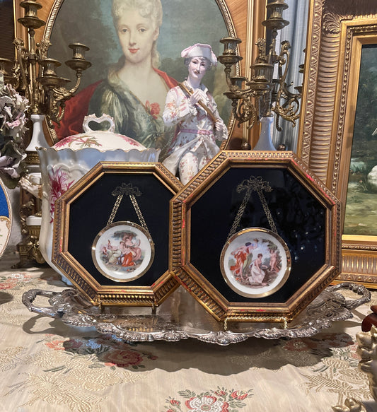 Framed French Victorian Plates with Filigree Tole Bows, Pair, Vintage