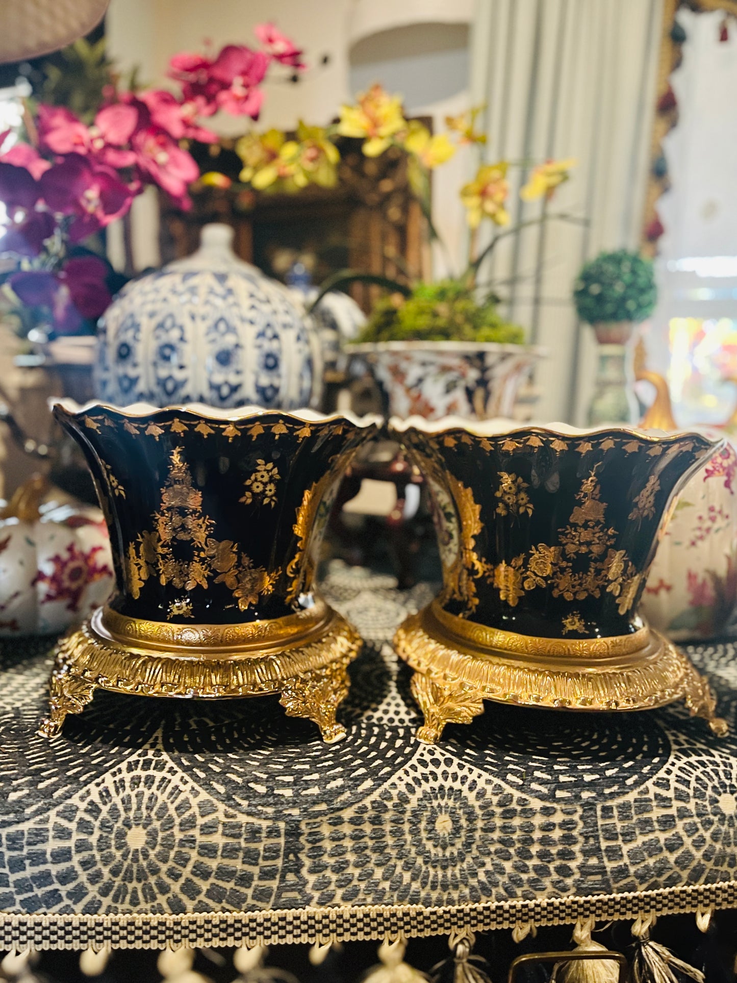 Vintage Cobalt Blue and Gilt French Bouquet Jardiniere