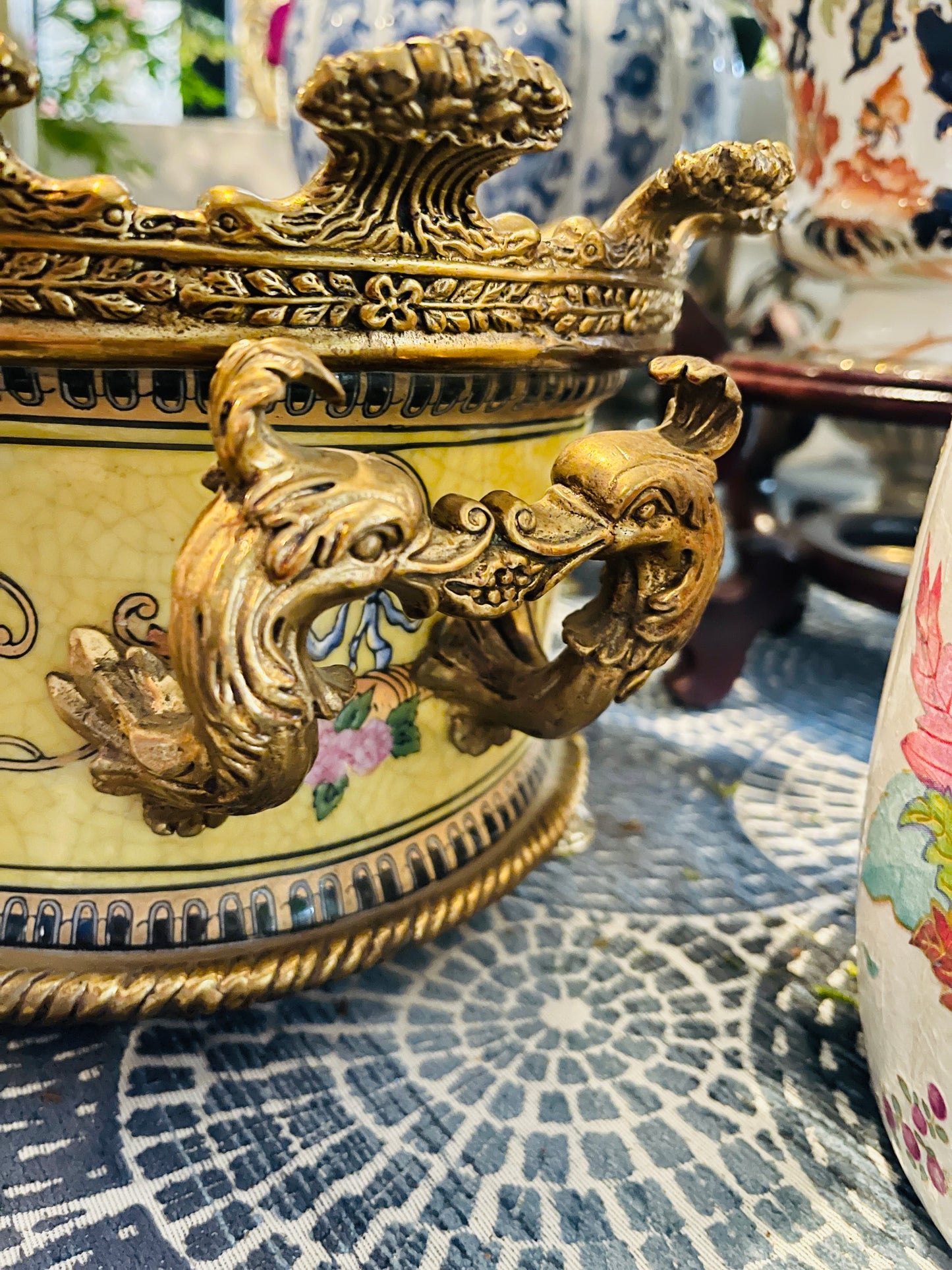Yellow Porcelain and Ormolu Planter/Monteith Bowl with Relief Work