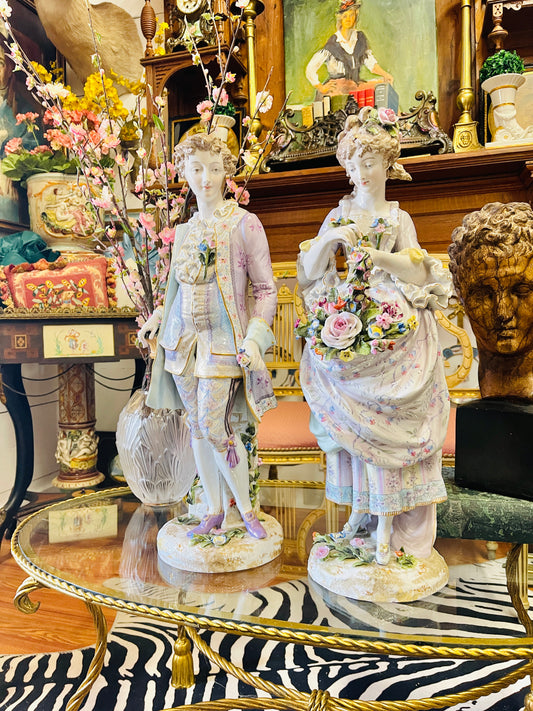 Monumental Pair of Meissen Porcelain Figural Statuettes|Hand-Painted | 24 Inches Tall