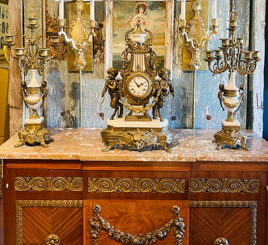 Italian Bronze & Marble Candelabra Clock Garniture Set, Putti & Neoclassical Cherub Motifs, Gilded Age Grandeur