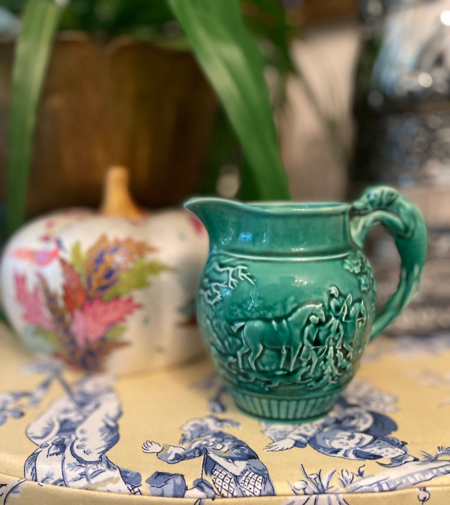 Majolica Wedgwood of Etruria & Barlaston Pitcher/Creamer, Made in England, Vintage, Green Equestrian