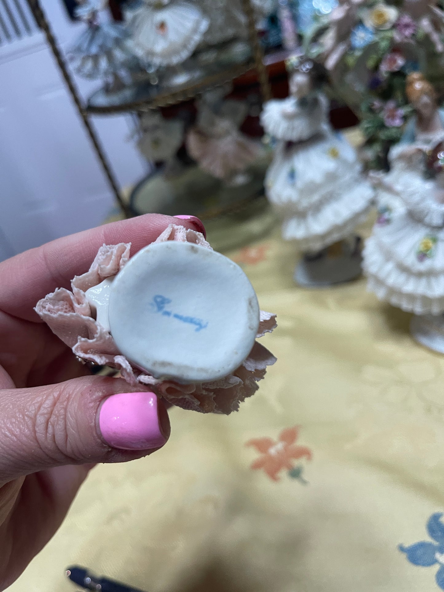 German Porcelain Dresden-Style Lace Dancing Figurine | Vintage European Porcelain Dancer in Pink with Yellow Roses