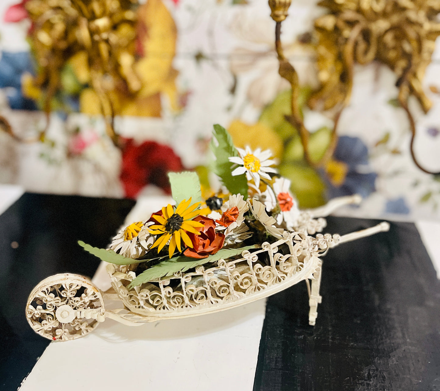 Vintage Tole Wheelbarrow with Flowers and Frawns