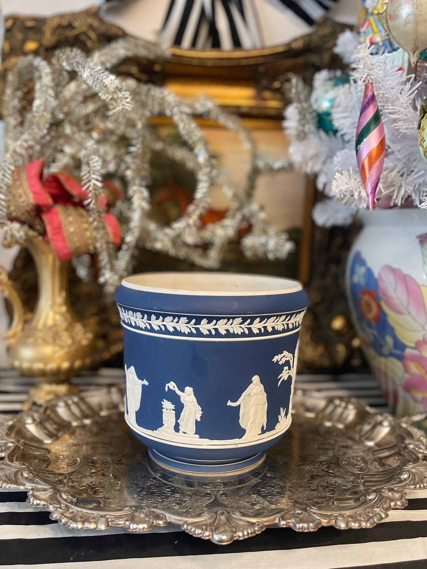 Blue and White Jasperware Cachepot by Adams, Made in England