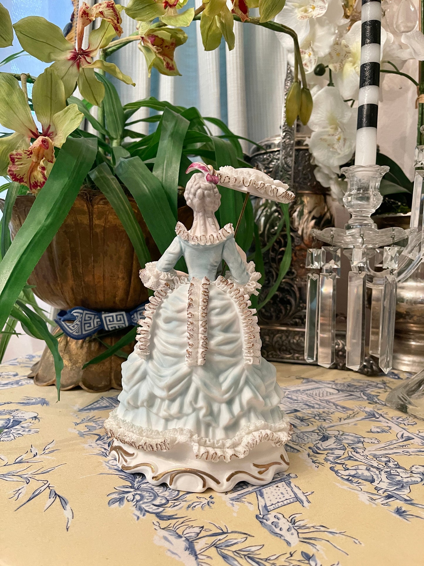 Victorian Statuette with Parasol, French Blue and White Dresden Style Lace Dress with Applied Porcelain Flowers