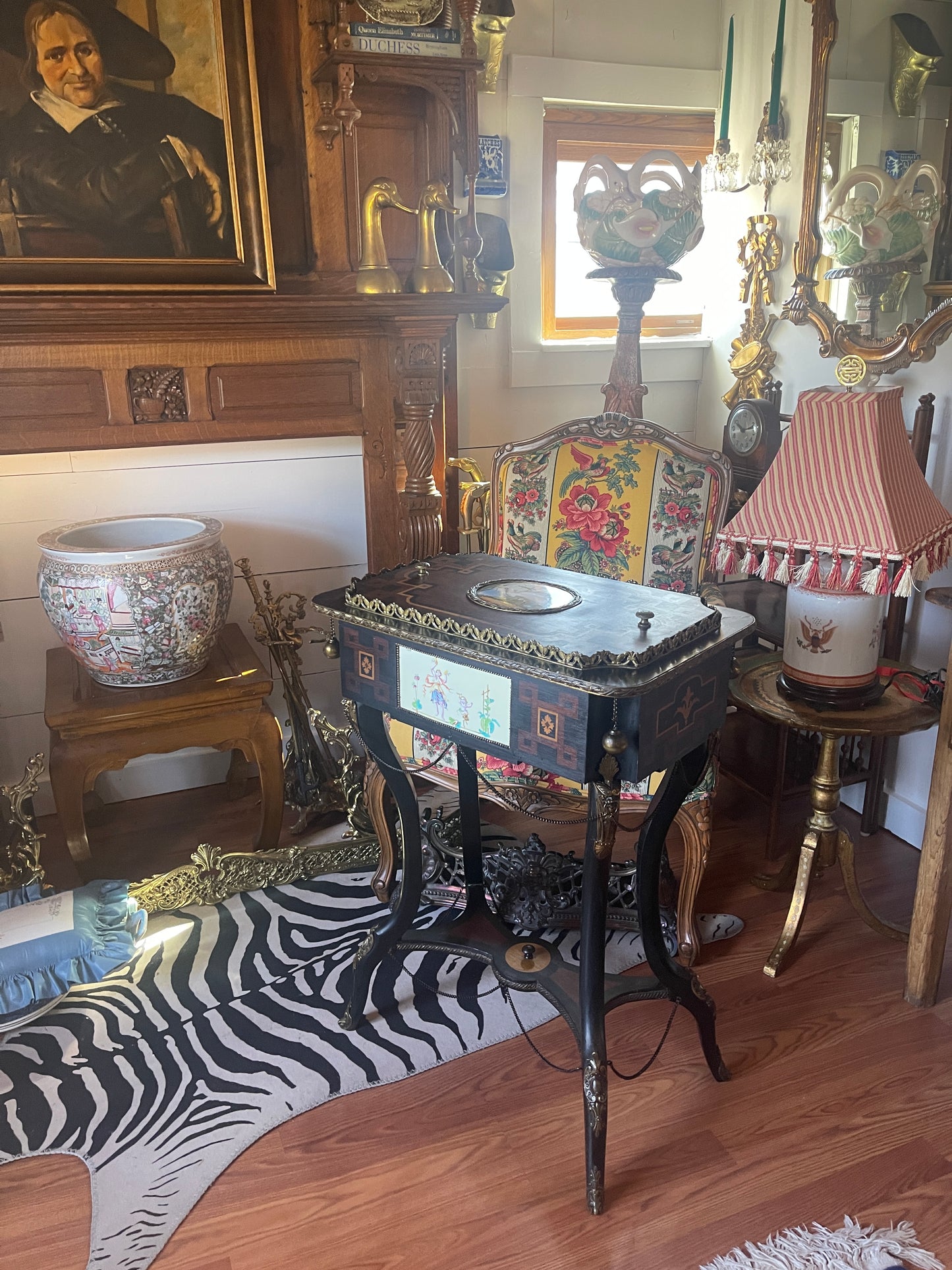 Antique Neoclassical Jardiniere Planter Table with Ormolu Detail and Painted Porcelain, Napoleon III, French Antique, Bronze, Estate Decor