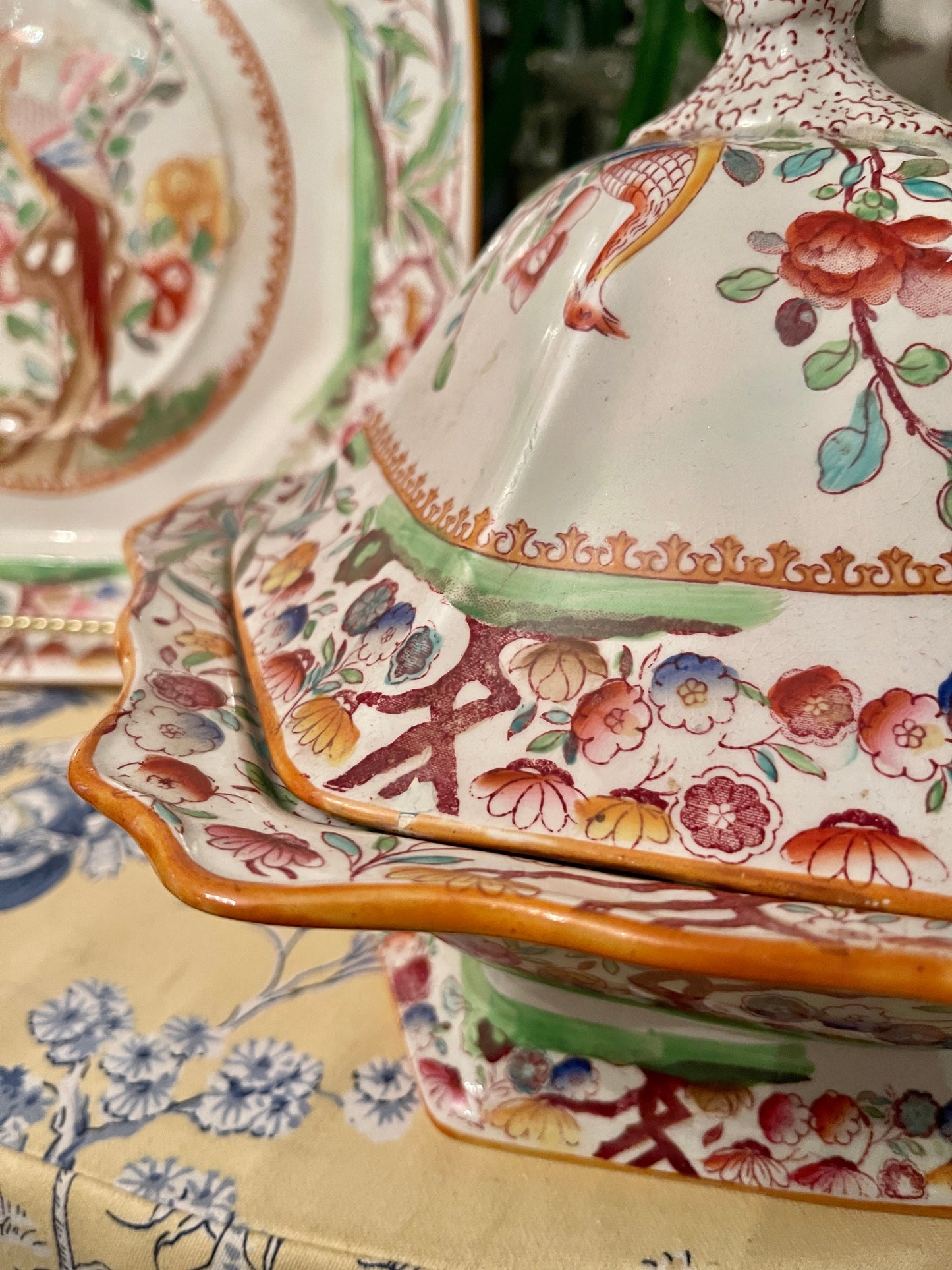 Antique Chinoiserie Birds of
Paradise Lidded Dish and Underplate by Ashworth
Bros. Hanley, Staffordshire England, Mason's Ironstone, Chinoiserie Chic