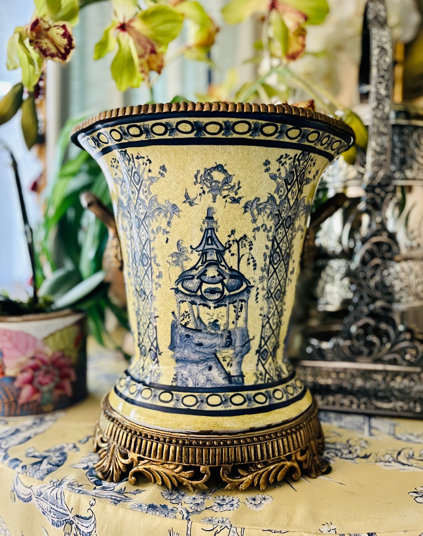 Chinoiserie Pagoda Porcelain and Ormolu Jardiniere