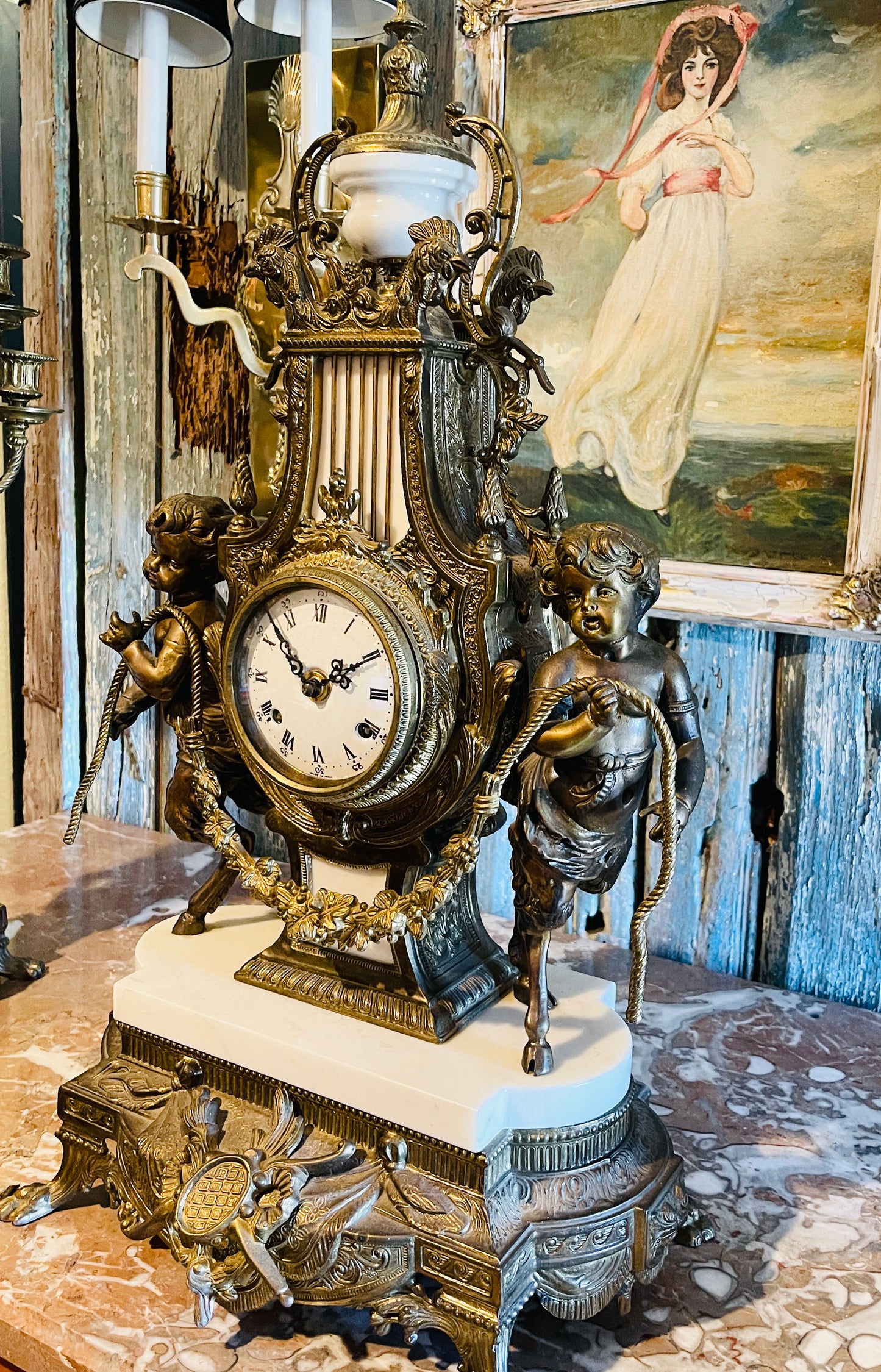 Italian Bronze & Marble Candelabra Clock Garniture Set, Putti & Neoclassical Cherub Motifs, Gilded Age Grandeur