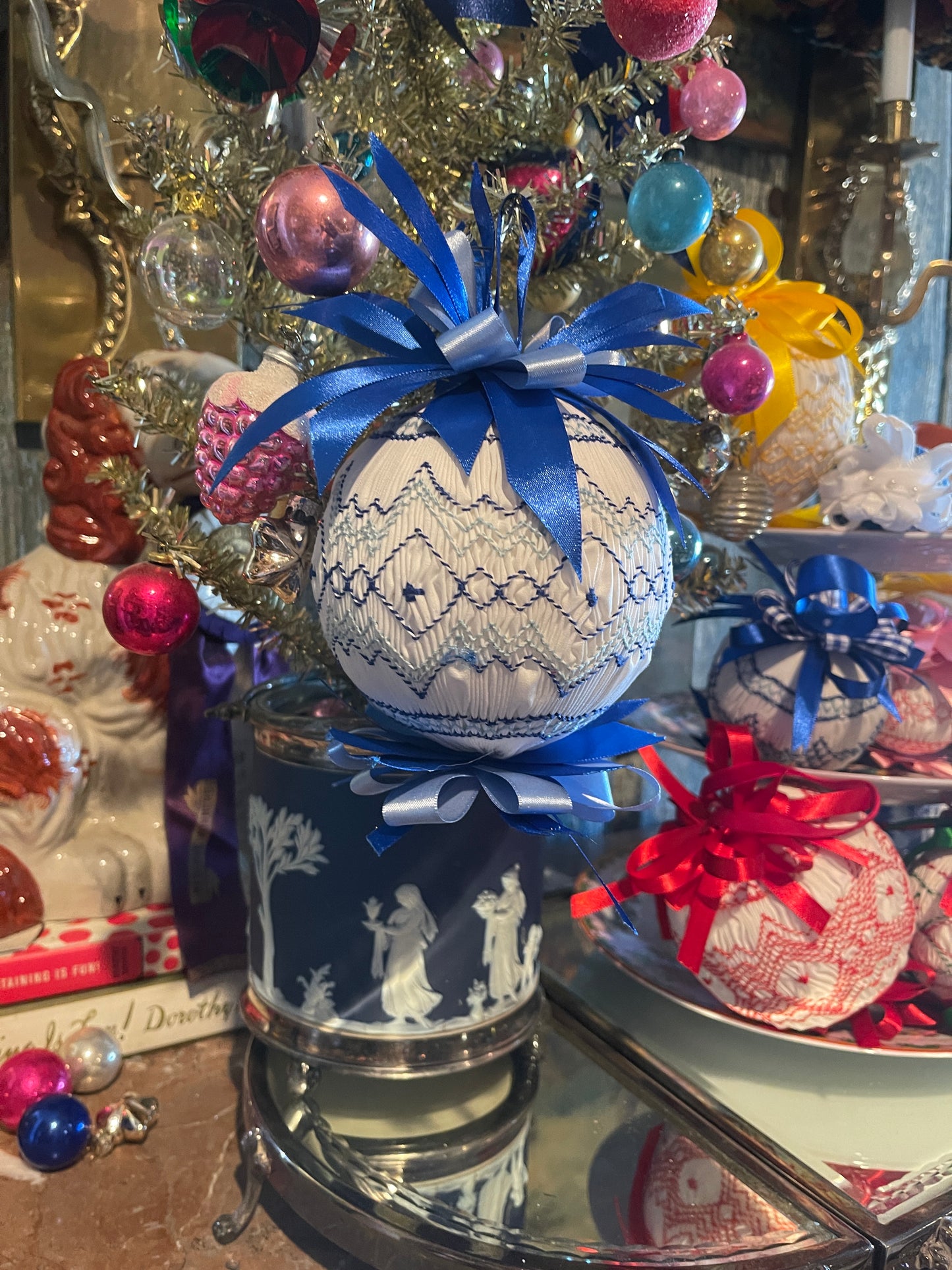 4” Blue and White Vintage Smocked Ornament